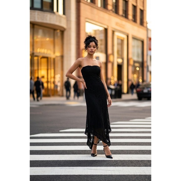 silence + noise Dresses & Skirts - Silence + Noise Black Lace Strapless Handkerchief‎ Maxi Dress Ruffle Hem Womens